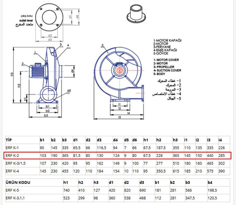 ERF ERF-K-2 Aluminyum Govdeli Yuksek Basincli Koruk Fan Teknik Cizimi